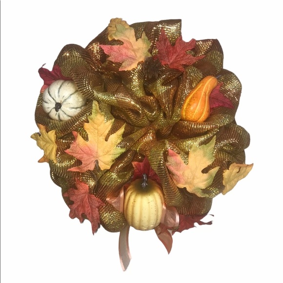Fall Wreath or Table Centerpiece Autumn Leaves Gourds Holiday Decor Gold Ribbon - Picture 1 of 10
